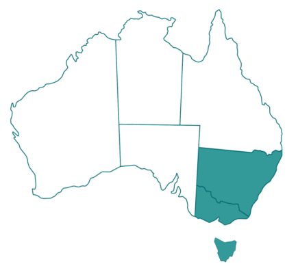 Map of Australia with TAS, VIC and NSW states highlighted.